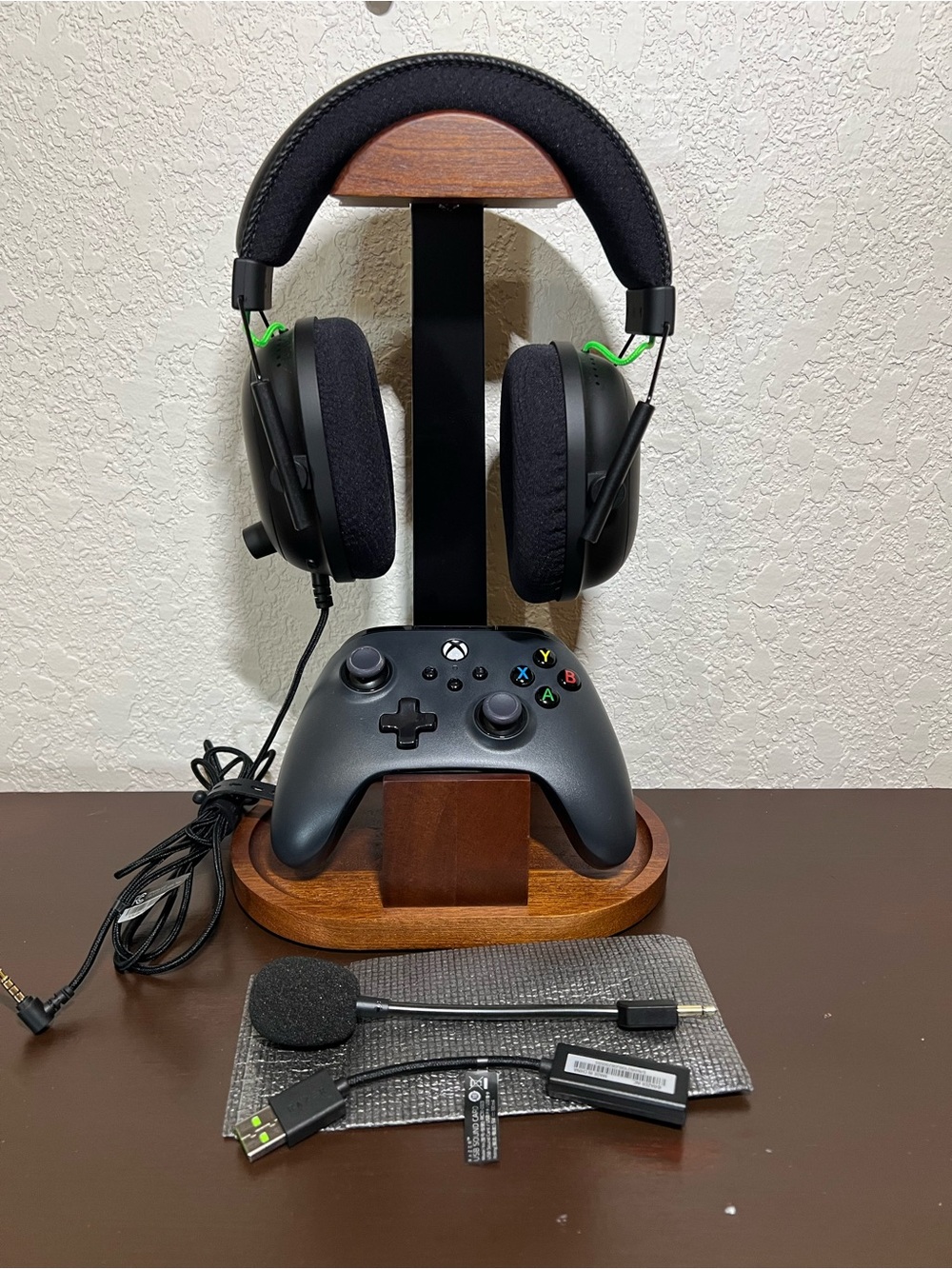 Razer Black Gaming Headset with Green Accents and Gray Xbox Controller bundle
